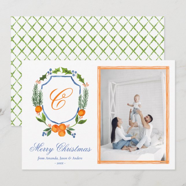 Tarjeta Festiva Navidades de Blue Family Crest Citrus Garland Foto (Anverso / Reverso)