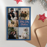 Tarjeta Festiva Navidades de Blue Holly Jolly Cinco Collages de fo<br><div class="desc">Este Blue Holly Jolly Navidad el diseño de la tarjeta de vacaciones de cinco Collages de fotos presenta escenas sencillas, brillantes y alegres de azul y rojo con bordes blancos limpios y tipografía clásica, adornadas con un guión de caña de caramelo caprichoso para títulos y cabeceras. Hacerlo una feliz y...</div>