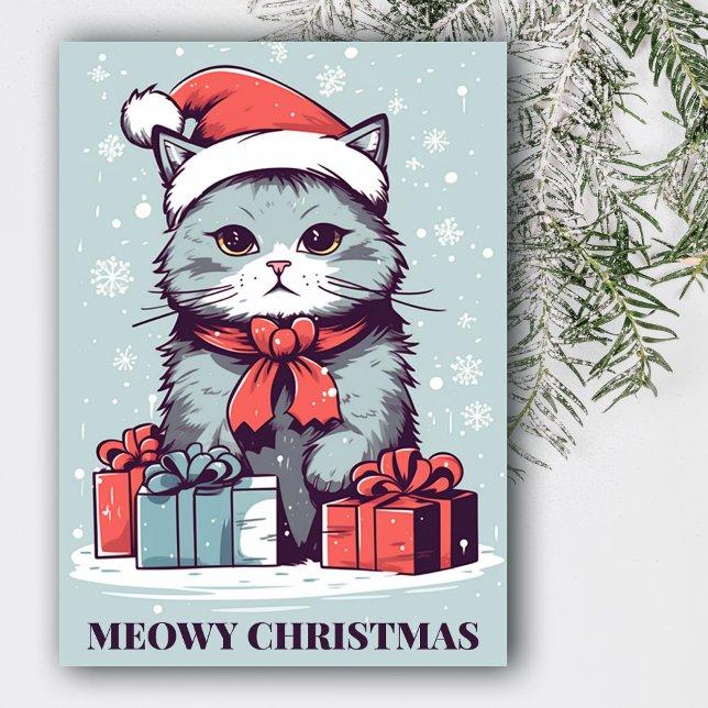 Tarjeta Festiva Navidades de Blue Meowy cortan gato en un sombrero (Subido por el creador)