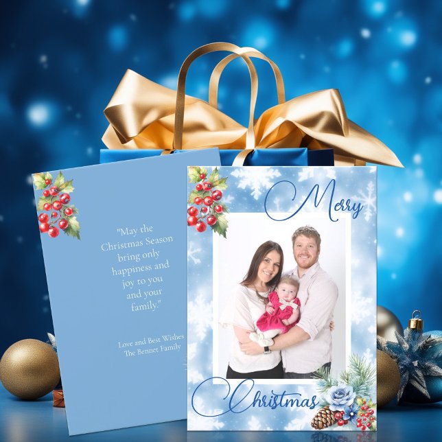 Tarjeta Festiva Navidades de Blue Snowflakes Red Berries saludan (Subido por el creador)