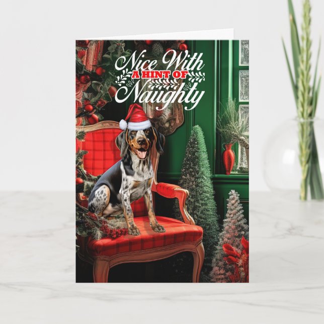 Tarjeta Festiva Navidades de Bluetick Coonhound Dog Naughan Nice (Anverso)