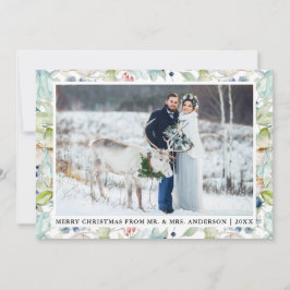 Tarjeta Festiva Navidades de Boda acuarela azul floral invernal