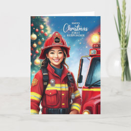 Tarjeta Festiva Navidades de bomberos asiáticas que respondieron p