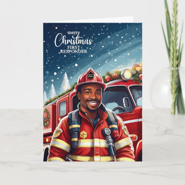 Tarjeta Festiva Navidades de bomberos hombres negros que respondie (Anverso)