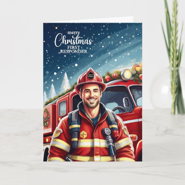 Tarjeta Festiva Navidades de bomberos masculinos de primera respue (Anverso)