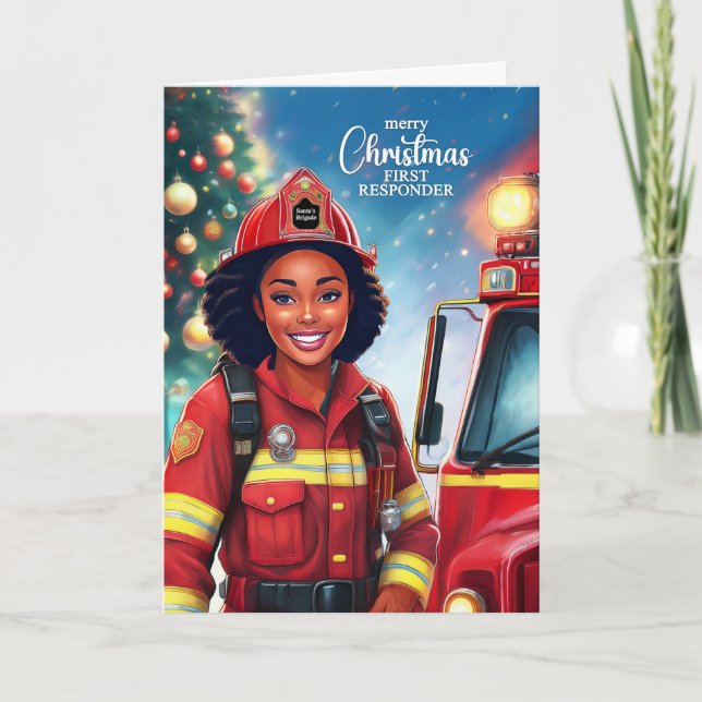 Tarjeta Festiva Navidades de bomberos negras que respondieron por  (Anverso)