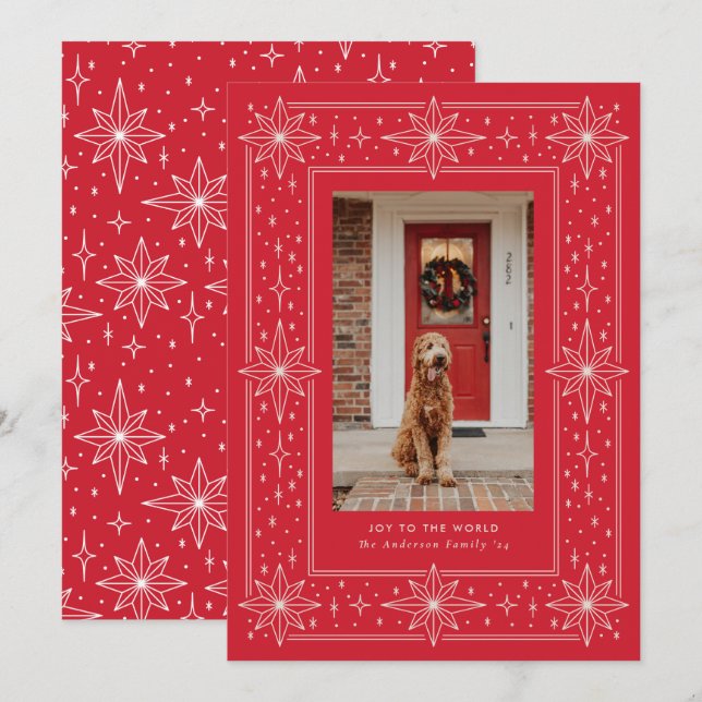 Tarjeta Festiva Navidades de borde de estrellas geométricas rojas (Anverso / Reverso)