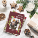 Tarjeta Festiva Navidades de Borgoña follaje rústico 1 foto<br><div class="desc">Navidades foto acuarela tarjeta de vacaciones floral y follaje. Hermosa acuarela pintada de follaje y escritura moderna de texto burdeos. Parte de una colección.</div>