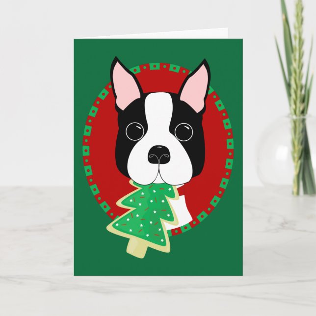 Tarjeta Festiva Navidades de Boston Terrier (Anverso)