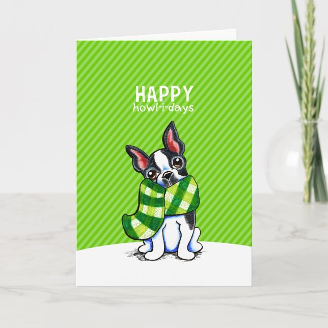 Tarjeta Festiva Navidades de Boston Terrier Plaid Scarf (Anverso)