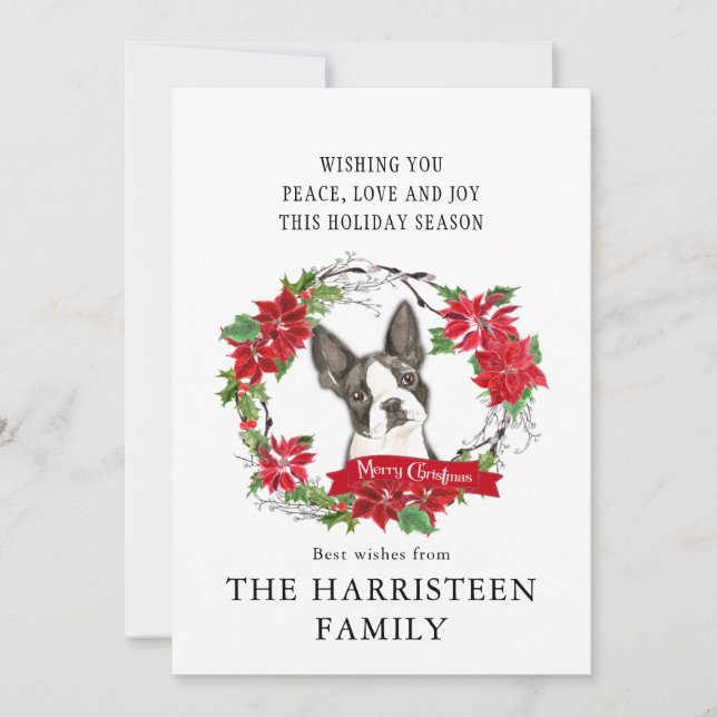 Tarjeta Festiva Navidades de Boston Terrier Poinsettia Wreath (Anverso)