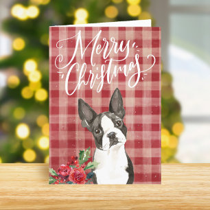 Tarjeta Festiva Navidades de Boston Terrier Red Plaid