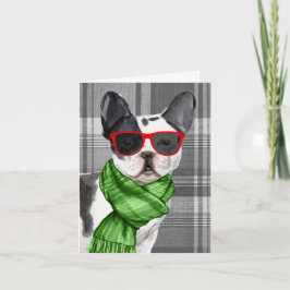 Tarjeta Festiva Navidades de Boston Terrier y Grey Plaid