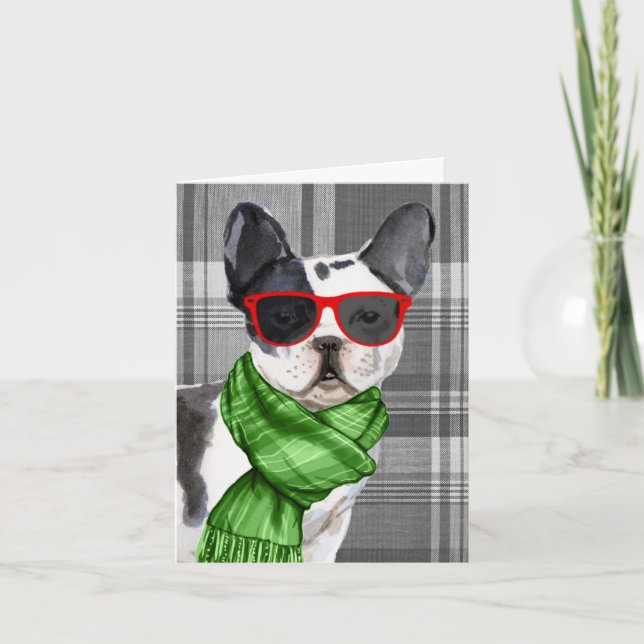 Tarjeta Festiva Navidades de Boston Terrier y Grey Plaid (Anverso)