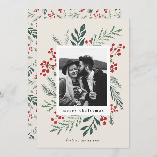 Tarjeta Festiva Navidades de Botánicos de Invierno Foto Beige (Anverso / Reverso)