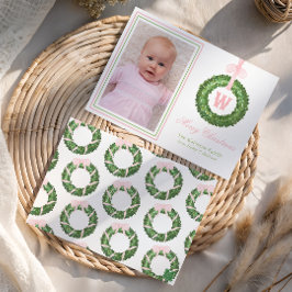 Tarjeta Festiva Navidades De Bow Rosado Monograma Wreath