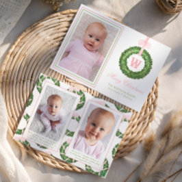 Tarjeta Festiva Navidades De Bow Rosado Monograma Wreath