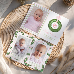 Tarjeta Festiva Navidades De Bow Rosado Monograma Wreath
