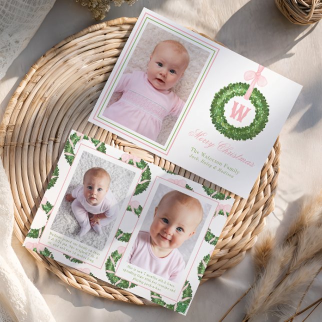 Tarjeta Festiva Navidades De Bow Rosado Monograma Wreath (Subido por el creador)