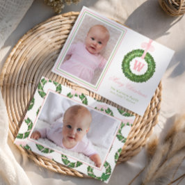 Tarjeta Festiva Navidades De Bow Rosado Monograma Wreath