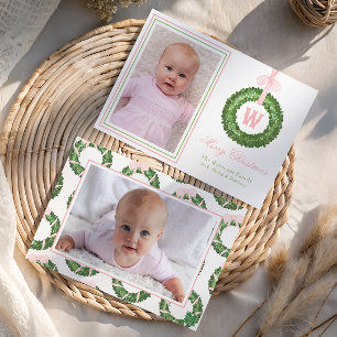 Tarjeta Festiva Navidades De Bow Rosado Monograma Wreath