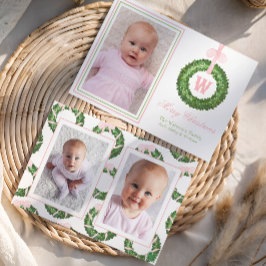 Tarjeta Festiva Navidades De Bow Rosado Monograma Wreath