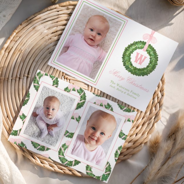 Tarjeta Festiva Navidades De Bow Rosado Monograma Wreath (Subido por el creador)