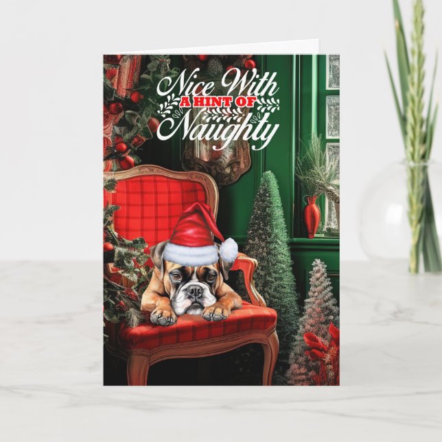 Tarjeta Festiva Navidades de boxeo perro travieso o agradable (Anverso)