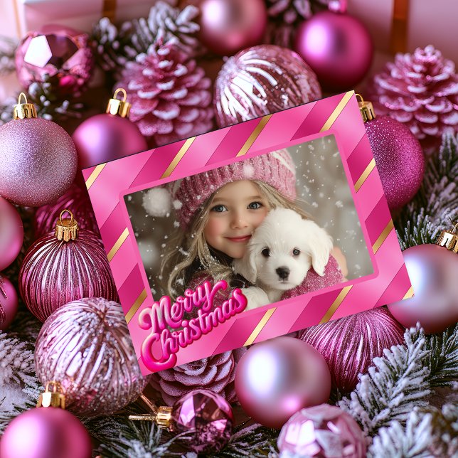 Tarjeta Festiva Navidades de Brilliance en Berry Pink y Rubor (Brilliant Pink Blush and Gold Merry Christmas Photo Greeting Card )