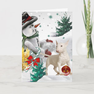 Tarjeta Festiva Navidades de Bull Terrier con Snowman