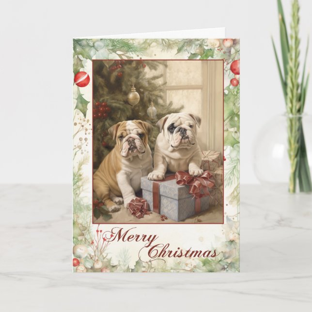 Tarjeta Festiva Navidades de Bulldog de época (Anverso)