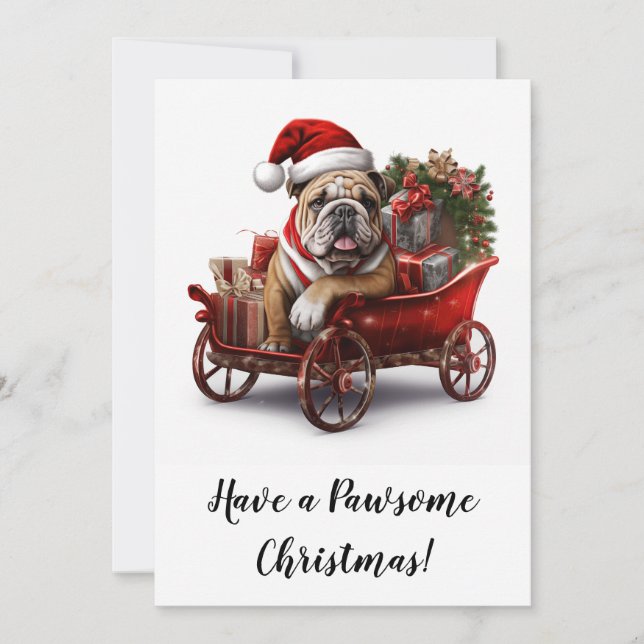 Tarjeta Festiva Navidades de Bulldog de Inglaterra Santa Sleigh (Anverso)