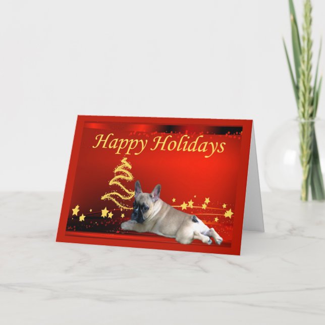 Tarjeta Festiva Navidades de Bulldog franceses con estrellas de ta (Anverso)