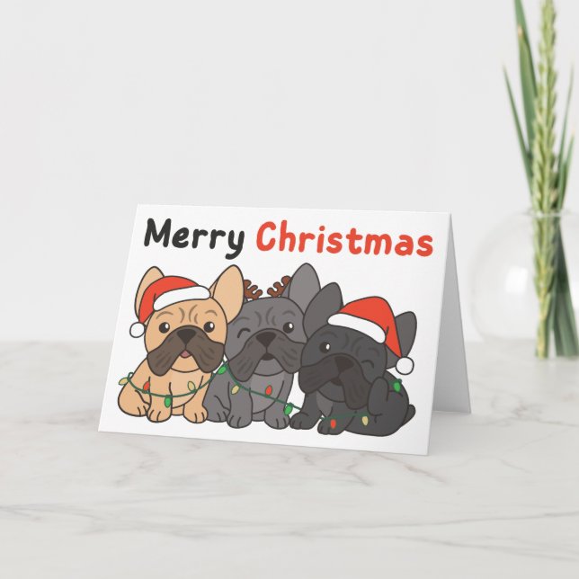 Tarjeta Festiva Navidades de Bulldog franceses eligen vacaciones e (Anverso)