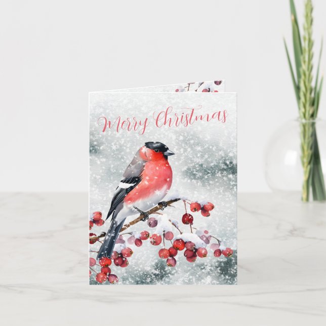 Tarjeta Festiva Navidades de bullfinch Bird Snowowley Red Berries (Anverso)