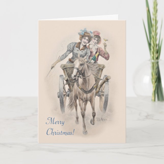 Tarjeta Festiva Navidades de caballos, carretas y chicas (Anverso)