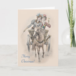 Tarjeta Festiva Navidades de caballos, carretas y chicas