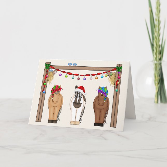 Tarjeta Festiva Navidades de caballos de granja divertidos (Anverso)