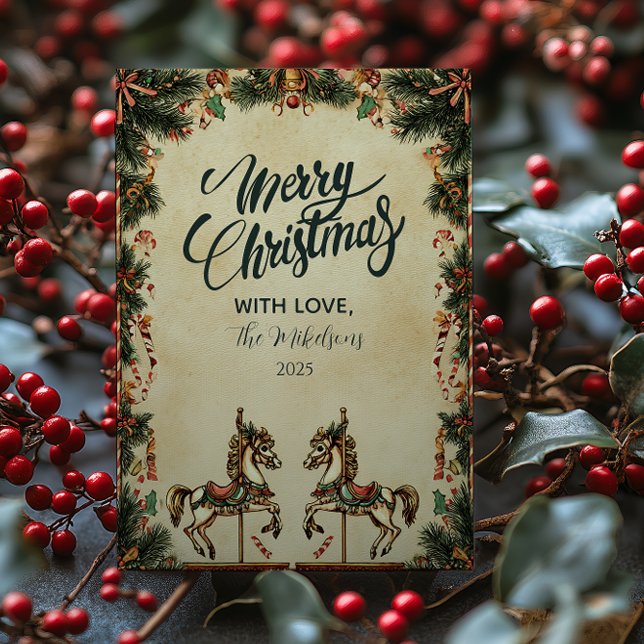 Tarjeta Festiva Navidades de caballos de rock de vacaciones retro (Subido por el creador)