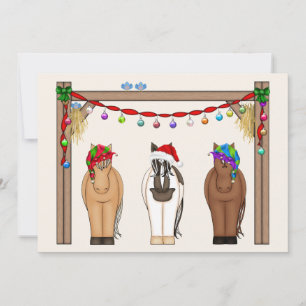 Tarjeta Festiva Navidades de caballos de vacaciones en una granja