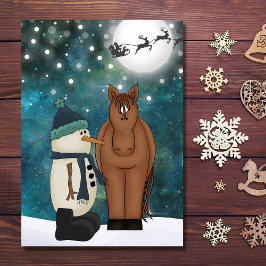 Tarjeta Festiva Navidades de caballos, hombres de nieve, Santa y r
