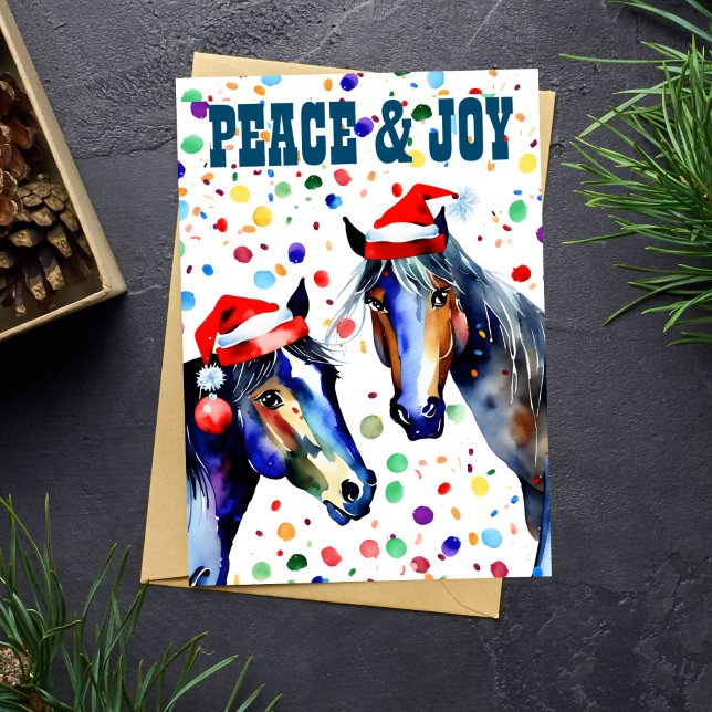 Tarjeta Festiva Navidades de caballos paz y alegría saludo (Horses Christmas peace and joy greeting card template two beautiful English horses in red Santa hats)