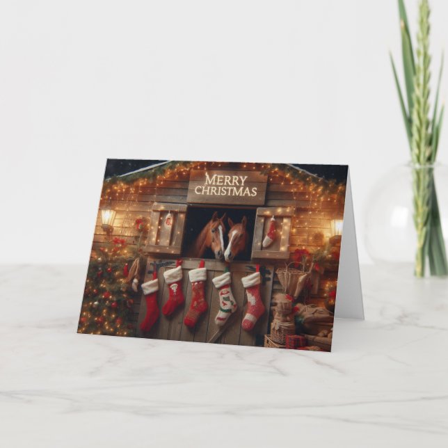 Tarjeta Festiva Navidades de caballos saludando tarjetas. (Anverso)