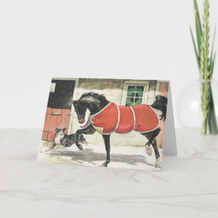 Tarjeta Festiva Navidades de caballos y perros de época
