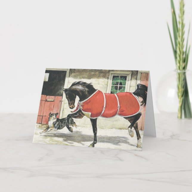 Tarjeta Festiva Navidades de caballos y perros de época (Anverso)