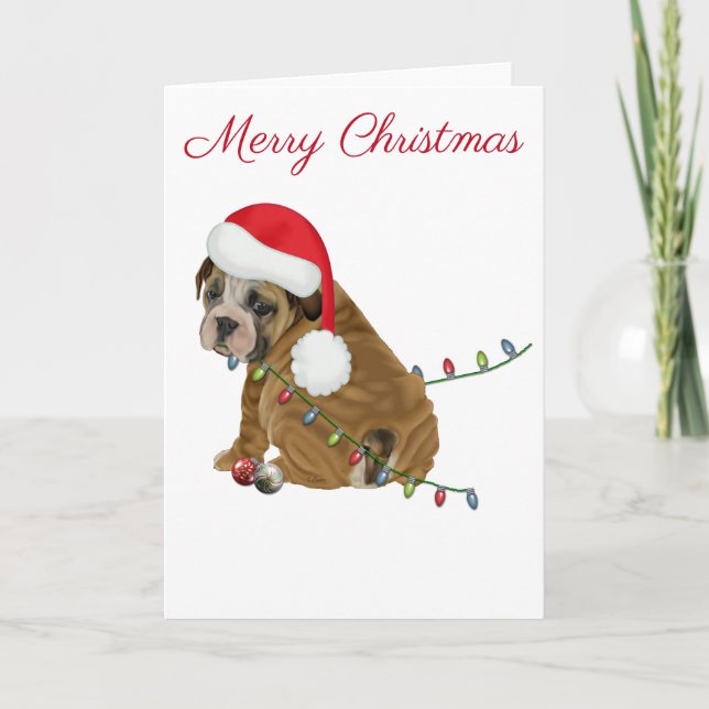 Tarjeta Festiva Navidades de Cachorros de Bulldog de Inglaterra (Anverso)