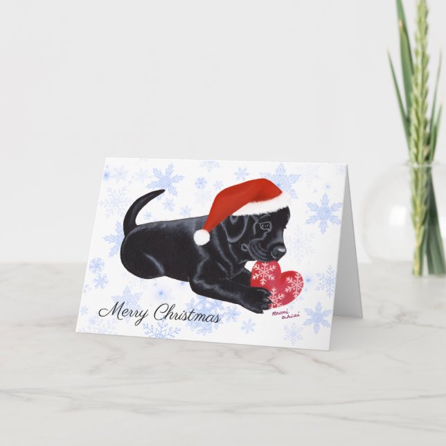 Tarjeta Festiva Navidades de Cachorros de Labrador Negro (Anverso)