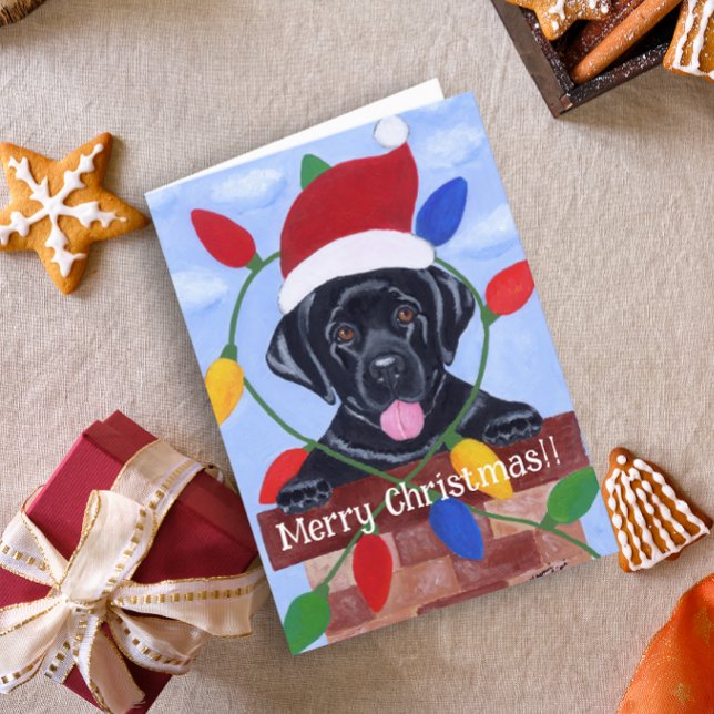 Tarjeta Festiva Navidades de Cachorros de Labrador Negro (Black Labrador Puppy Santa Christmas Cards for Black Labrador Retriever Owners.  Cute puppy design.)