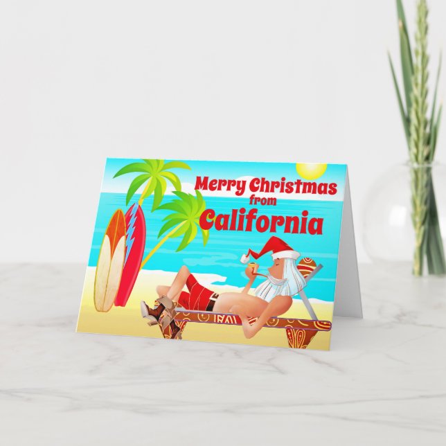 Tarjeta Festiva Navidades de California en Santa y Surfboards Beac (Anverso)