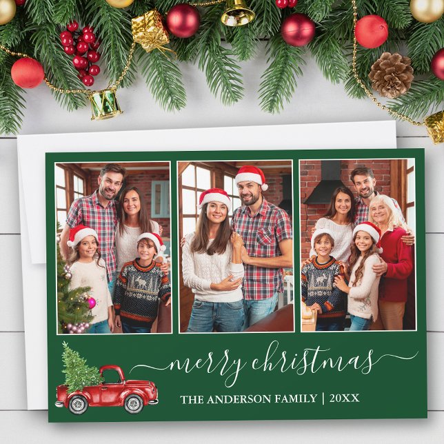 Tarjeta Festiva Navidades de caligrafía 3 Foto Camión Rojo Verde (Customize to add text to back of card.)